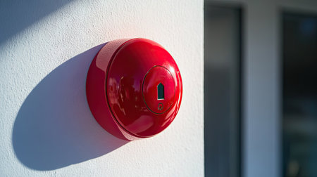 Close-up of a bright red fire alarm button mounted on a white wall, ready for emergency use with clear visibilityの素材