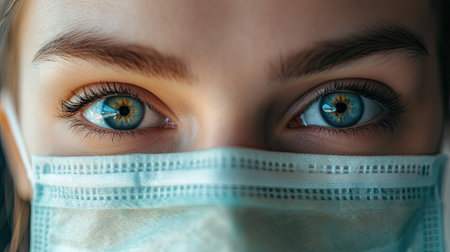 Close-up of eyes of a woman in a hygienic mask, conveying emotion and expression through the eyesの素材
