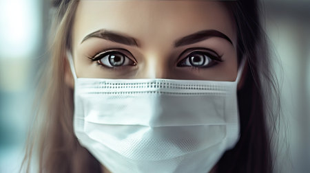 Close-up of a woman in a white surgical mask with soft lighting, emphasizing personal protection and hygieneの素材