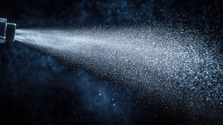 Close-up of a water spray bottle releasing a burst of mist, illuminated by dramatic lighting on a dark backdropの素材