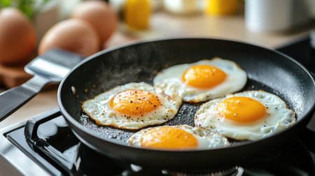Close-up of sunny-side up eggs frying in a black pan, with spatula resting nearby and stovetop in the backgroundの素材