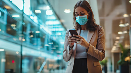 Businesswoman with a mask checking her phone in an office lobby, reflecting daily life during health precautionsの素材
