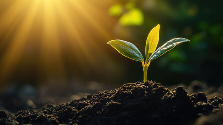 Close-up of a tiny sapling sprouting from dark earth with golden sunlight streaming from the side, evoking life and warmthの素材