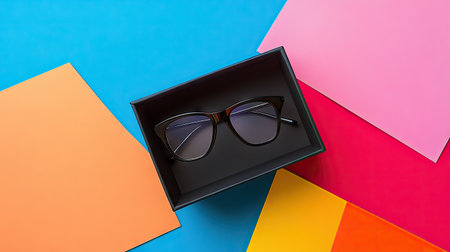 Black eyeglasses box partially open with glasses peeking out, set against a colorful abstract background for creative useの素材