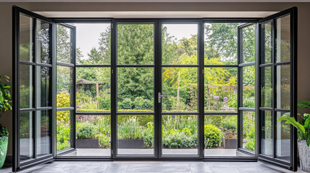 Black aluminium-framed casement windows opening up to a green garden viewの素材