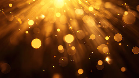 Close-up of golden sunlight flares against a deep black backdrop, highlighting radiant light and soft glowing orbsの素材