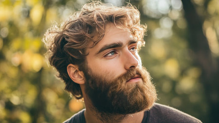 Bearded young man outdoors with messy hair and thick, untrimmed beard, conveying a carefree and natural lifestyleの素材