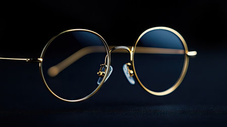 Close-up of vintage round glasses with gold rims on a dark black background, emphasizing classic design and sophisticationの素材