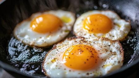 Bright yellow yolks of sunny-side up eggs glowing in a hot cast iron pan with bubbling oil and crisp edgesの素材