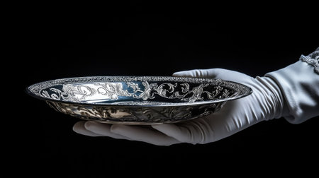 Close-up of hand in white glove delicately holding an ornate silver serving dish on a minimalist black backgroundの素材
