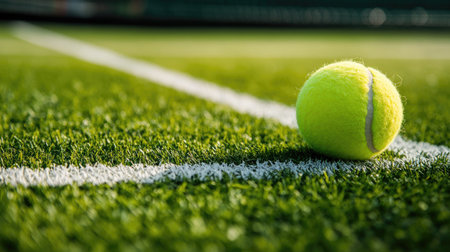 Close-up view of a corner of a grass-covered tennis court, with a ball resting against the linesの素材