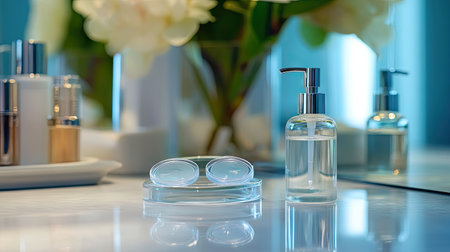 Contact lens case with clear lenses and a small bottle of solution on a neatly arranged vanity surfaceの素材
