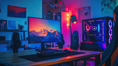 Compact gaming PC case with full rainbow LED display sitting on a wooden desk, ideal for cozy gaming environmentsの素材