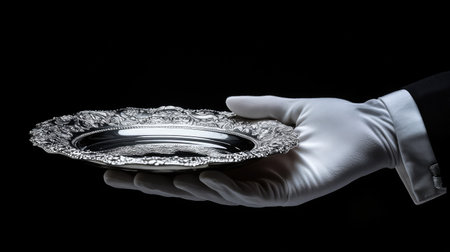 Close-up of hand in white glove delicately holding an ornate silver serving dish on a minimalist black backgroundの素材