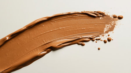 Close-up view of a rich beige foundation swatch smeared boldly across a clean surface for cosmetics photographyの素材