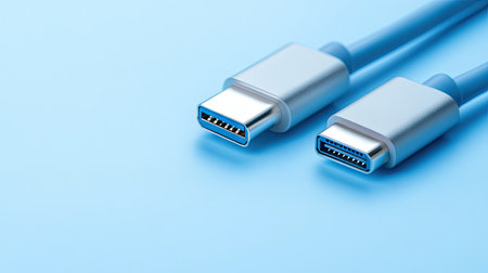 Close-up of USB-A and USB-C connectors placed side by side on a soft blue background, emphasizing cable varietyの素材