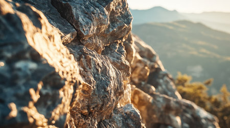 Close-up of textured cliff stone with panoramic mountain views in the background and soft sunlight casting shadowsの素材