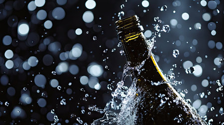 Close-up view of a bottle opening with water gushing out, freezing drops in mid-air for a dynamic imageの素材