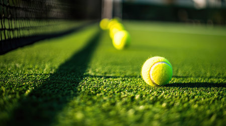 Close-up view of a green artificial grass tennis court with yellow balls resting near the baseline, rich in texture and colorの素材