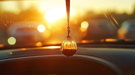 Close-up of a hanging car air freshener swinging gently inside a car with sunlight reflecting on the dashboardの素材