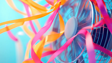 Colorful ribbons tied to an electric fan fluttering wildly, symbolizing cooling breeze and summer heat reliefの素材