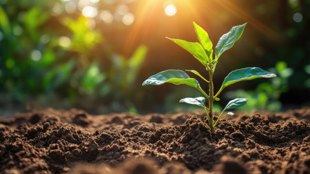 Close-up of a sapling in early growth surrounded by textured soil and warm sunlight, showing natural developmentの素材