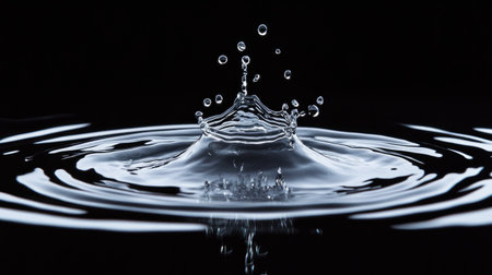 Droplet collision creating a dramatic water splash with reflection against a black backgroundの素材