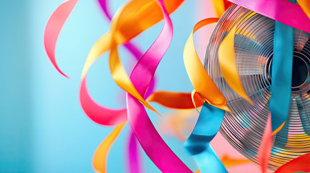 Colorful ribbons tied to an electric fan fluttering wildly, symbolizing cooling breeze and summer heat reliefの素材