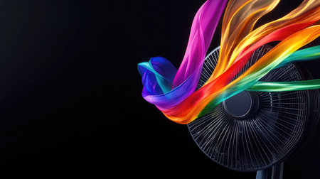 Electric fan with vibrant ribbons whipping through the air on a black background, emphasizing contrast and motionの素材