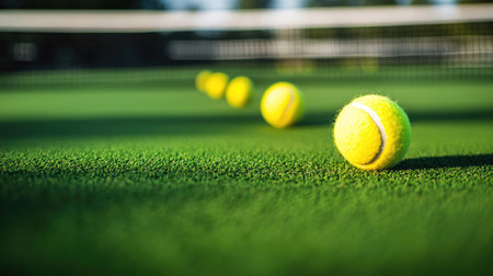 Close-up view of a green artificial grass tennis court with yellow balls resting near the baseline, rich in texture and colorの素材