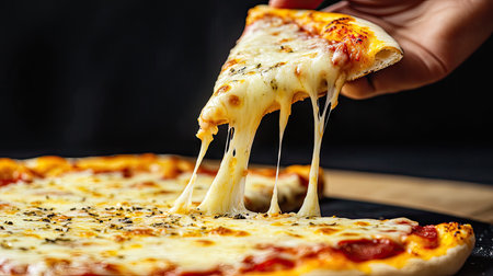 Close-up view of a hand holding a pizza slice dripping with cheese on a black backdropの素材