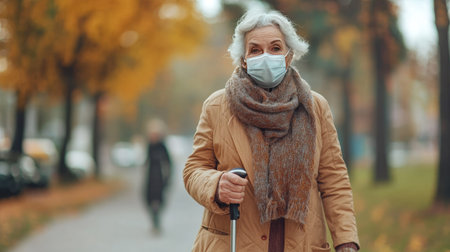 Elderly woman with a medical mask walking with a cane outdoors, promoting health and care for seniorsの素材