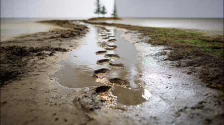 Mud trail from outdoors, visible through a row of clear footprints on a smooth indoor floorの素材