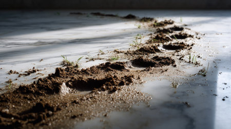 Multiple mud footprints trailing across a polished surface, forming a path of dirt and contrastの素材