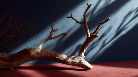 Natural dried limb of a tree in dramatic shadow on moody background, styled for artistic themesの素材