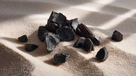 Obsidian-like rock shards spread chaotically on light sand background, styled for product stagingの素材