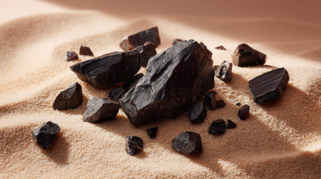 Obsidian-like rock shards spread chaotically on light sand background, styled for product stagingの素材