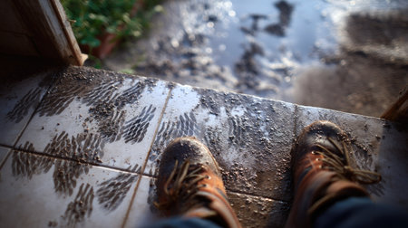 Muddy shoes stepping over a tiled surface, leaving clear and messy prints in their pathの素材