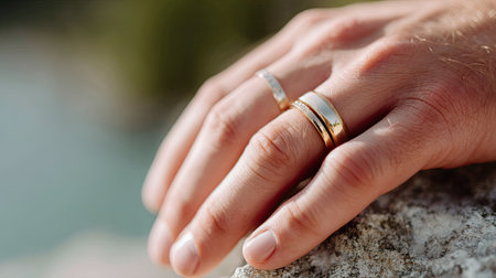 Newlywed couple holding hands with matching gold wedding bands, soft focus and natural lightingの素材