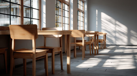 Neatly arranged desks and chairs in a minimalist modern classroom, natural light streaming inの素材