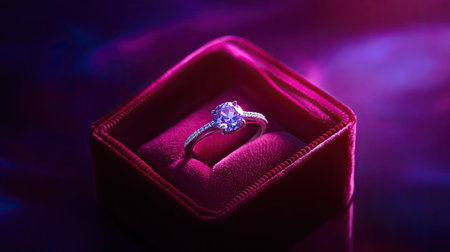 A sparkling diamond ring resting inside a velvet jewelry gift box, with a soft glow reflecting off its surface, set against a luxurious background.の素材