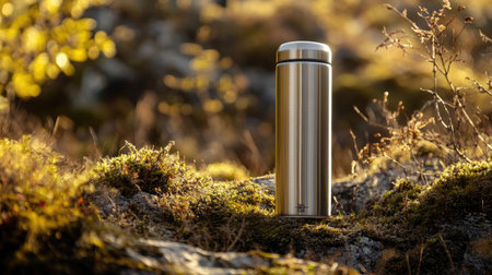 A stainless steel thermos in an outdoor setting, with a faint reflection of nature visible on its polished surface.の素材