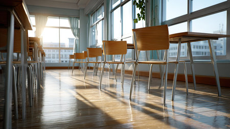 Neatly arranged desks and chairs in a minimalist modern classroom, natural light streaming inの素材