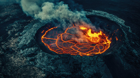 An aerial view of a volcano's crater filled with a pool of boiling magma and a strong flow of lava down its slopesの素材