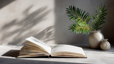 Open notebook with blank white pages on a smooth desk surface, with soft natural light illuminating the sceneの素材