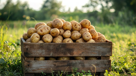 An abundant box of homegrown russet and gold-colored potatoes against a serene green countrysideの素材