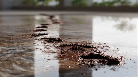 Multiple mud footprints trailing across a polished surface, forming a path of dirt and contrastの素材