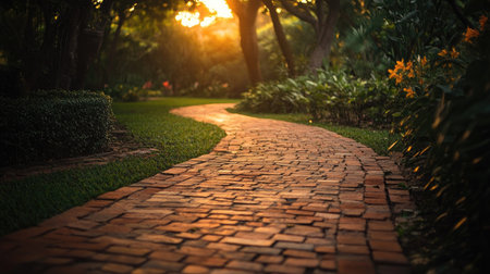 An empty brick walkway in a garden during the soft glow of dawn, symbolizing peace and renewalの素材