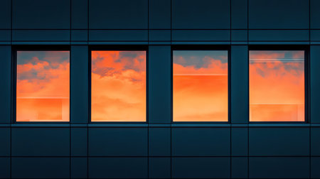 An artistic view of black-framed windows reflecting the sunset's orange glowの素材