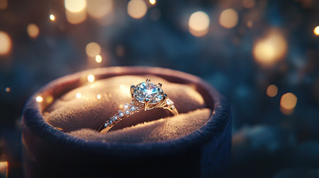 A sparkling diamond ring inside a beautiful velvet box, surrounded by soft light that highlights the ring's brilliance and elegance.の素材